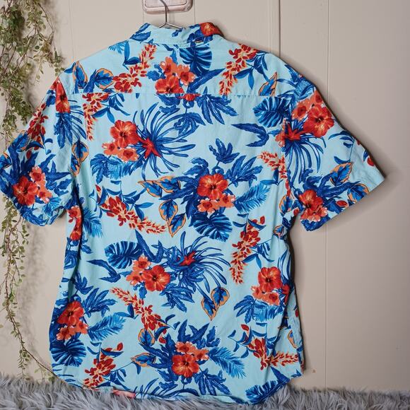 Denim & Flower Short-Sleeve Button-Up Shirt Blue Tropical Summer Slim Fit XL - Picture 2 of 6